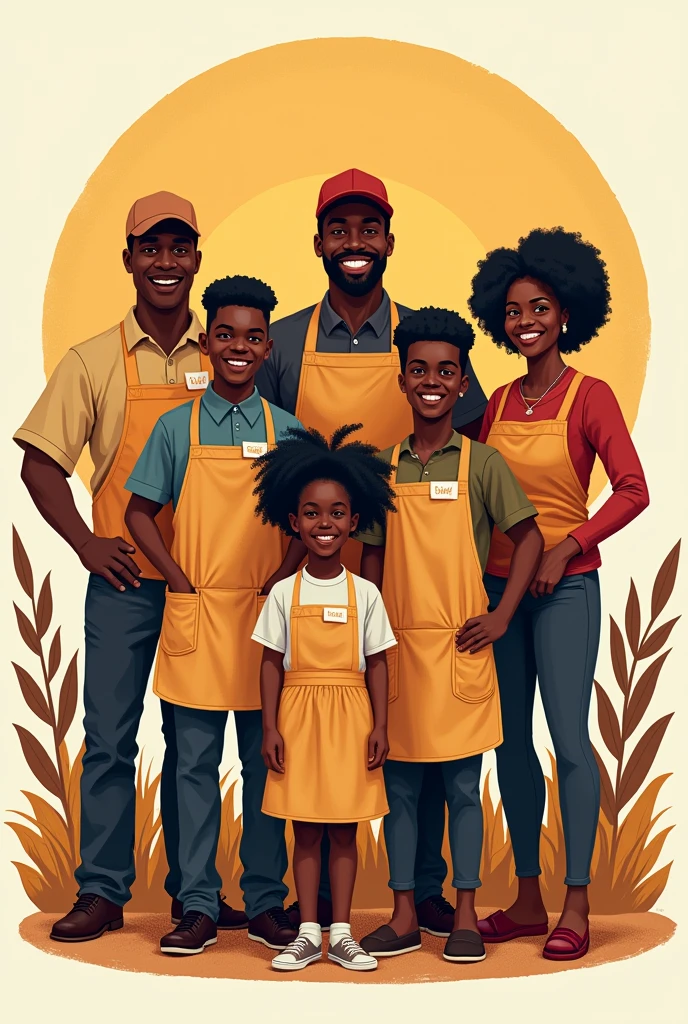 Create a logo for a snack bar with 6 black employees, 4 of whom are men, One man is a pastor and the other two are teenagers from the church and two women, one of the women is a child and the other woman is the mother, the name is Family Lanches
