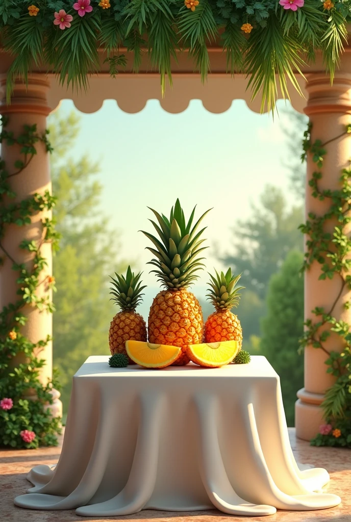 Spawn a Pineapple Wine Stan and on each side of the Pineapple Wine bottle have a pineapple, and that the table where it is placed is square with a white tablecloth that has a kind of awning with palm leaves on top and on the tubes that support the awning have vines with flowers