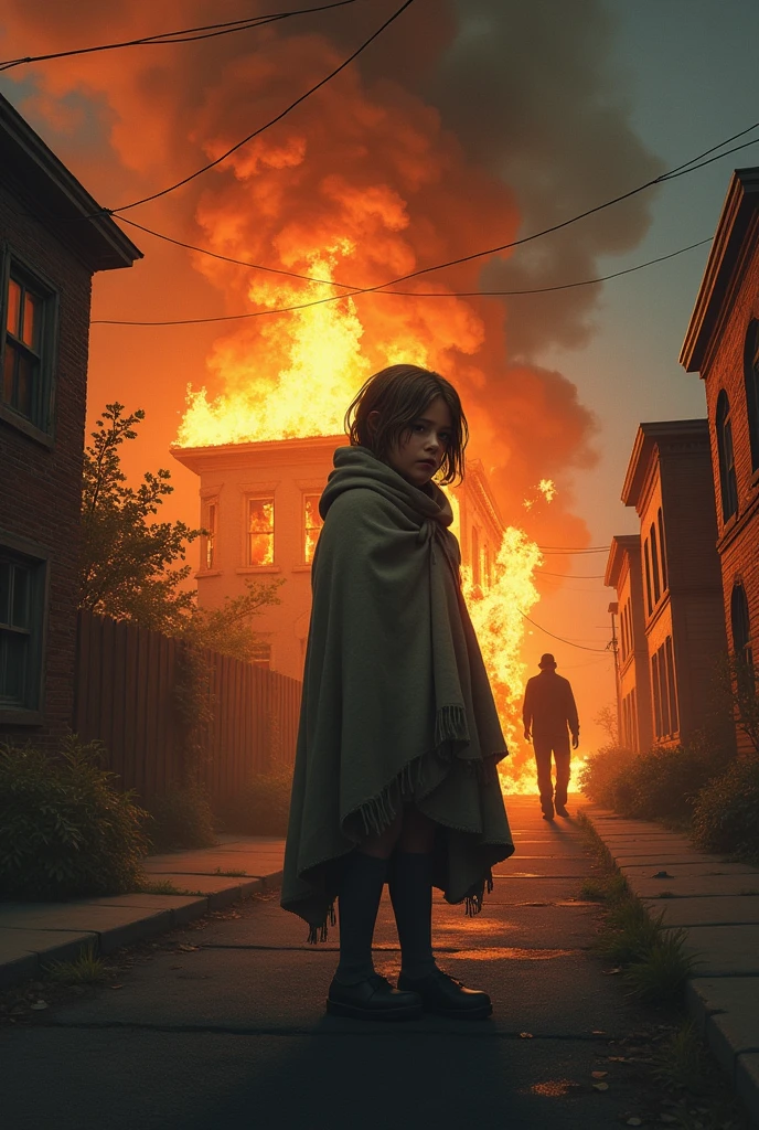 *The fire at Miss Maudie&#39;s house**:
   - **Description**: Miss Maudie&#39;s house is on fire with smoke and fire. Scout is standing on the street, wrapped in a blanket. Boo Radley is seen in the shadow behind her, watching.
   - **Details**: The scene must convey the intensity of the fire and Boo Radley&#39;s protective act..