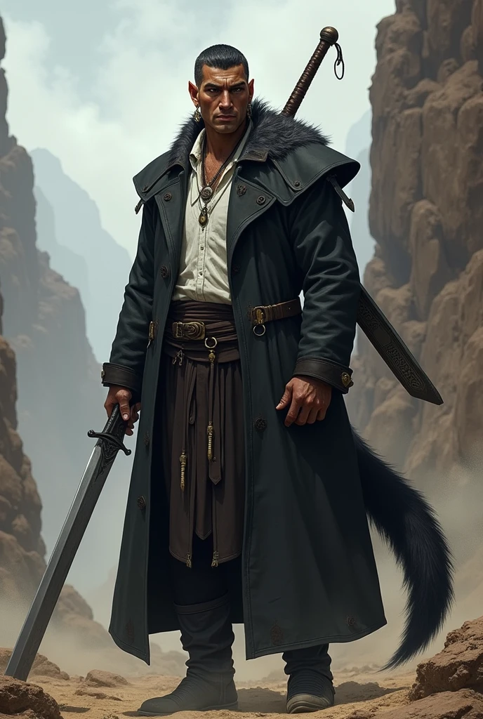 He is a tall indigenous man, 2 meters tall, with a square face and short dark hair and a beardless face with a smooth, clean-shaven face. His eyes are wolf-like and one of them is closed with pointy ears with earrings. He wears a dark black overcoat with a white shirt underneath and dark pants and has a strong physique and a large wolf tail. A large sword is strapped to his back. I would like the art in a fantasy RPG style. In the Wild West