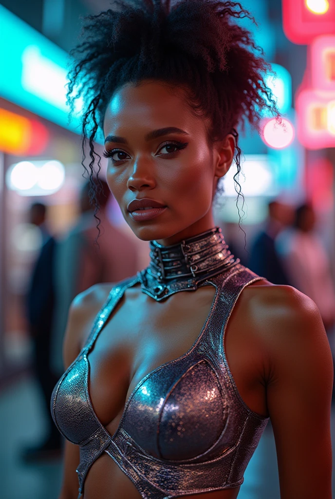 Here's the description with the emphasis on her posing for the camera:
"In a striking cyberpunk metropolis, a vivid portrait captures the woman as a stunning bionic figure, confidently posing for the camera in a bustling future marketplace, where advanced technology merges seamlessly with human creativity. She stands poised and alluring in a sleek, form-fitting outfit made of shimmering metallic fibers, enhancing her intricately designed bionic enhancements—glowing circuitry visible beneath her translucent skin, pulsing rhythmically with the neon lights surrounding her.
Her radiant skin shines under the kaleidoscope of colorful holographic displays advertising futuristic products and services, creating an electrifying backdrop that highlights her presence. Her afro hair, now interwoven with delicate filaments of light, frames her face beautifully, while she gazes directly into the lens with synthetic eyes brimming with confidence and allure.
The air is charged with the sounds of lively conversations and the whir of drones delivering goods, but in this moment, she
commands the scene, a captivating figure amid the vibrant chaos. A digital projection of upcoming tech innovations glimmers beside her, showcasing art and messages of social change that resonate deeply with her powerful presence.
(Radiant neon lighting, deep contrasts, and sharp details), 160-color support, filmed on ARRI ALEXA 65, creating an immersive experience that feels both surreal and breathtakingly real. Shot by Don McCullin, this image connects her striking bionic features, echoing those of Angelina Jolie, with the heart of a futuristic world, capturing a moment that’s as enchanting as it is transformative."
beauty, cyberpunk, bionic, futuristic, model, elegance, urban, glamour, fashion, stunning, radiant, neon, confident, striking, innovative, artistic, technological, sophisticated, captivating, immersive, gritty, cultural, portrait, beauty photography, professional model, avant-garde, urban