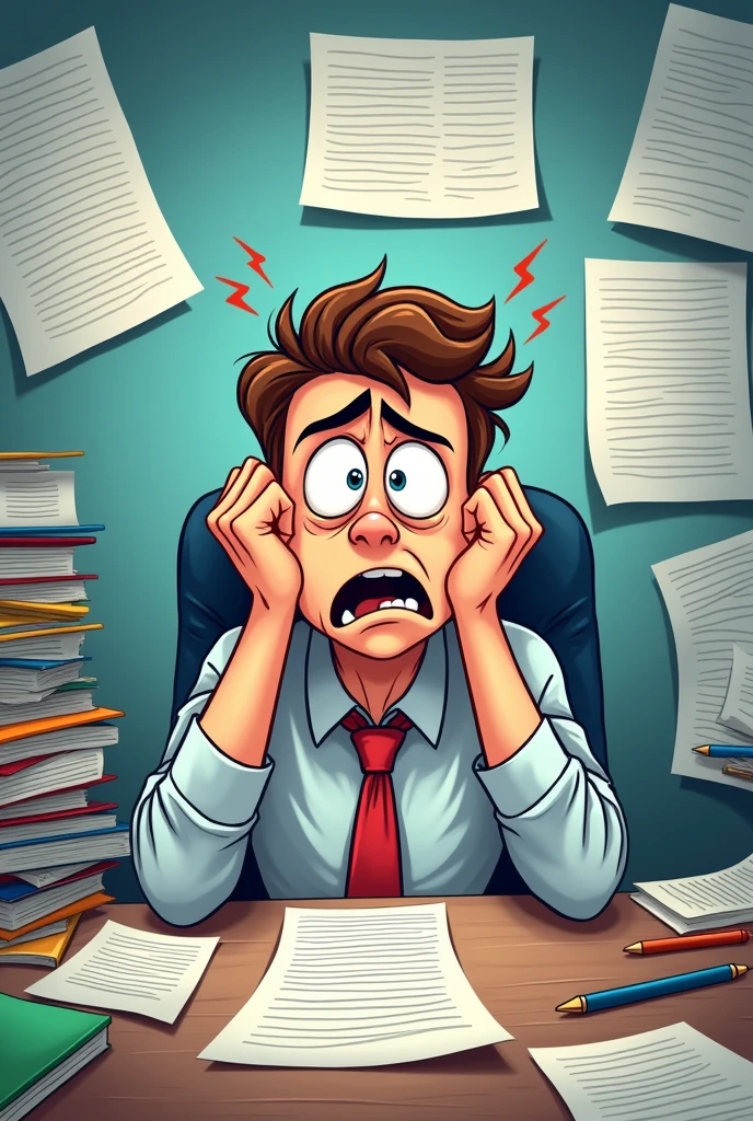 Cartoon drawing of a man sitting at a desk with several sheets of paper stressed and confused in high definition format: 11.1 cm wide:8.1 cm