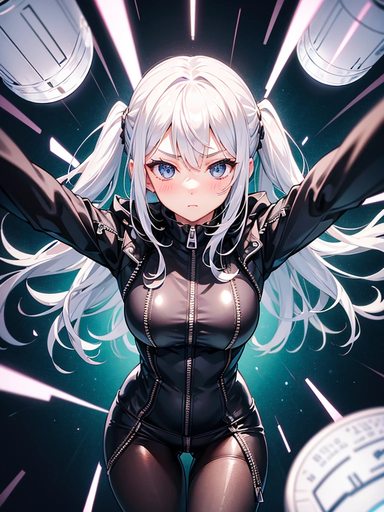 a girl，magician，silver hair，Random hairstyle，Expressionless，blush，tights，((Super detailed zipper))，Sexy，weak，((dynamic poses))