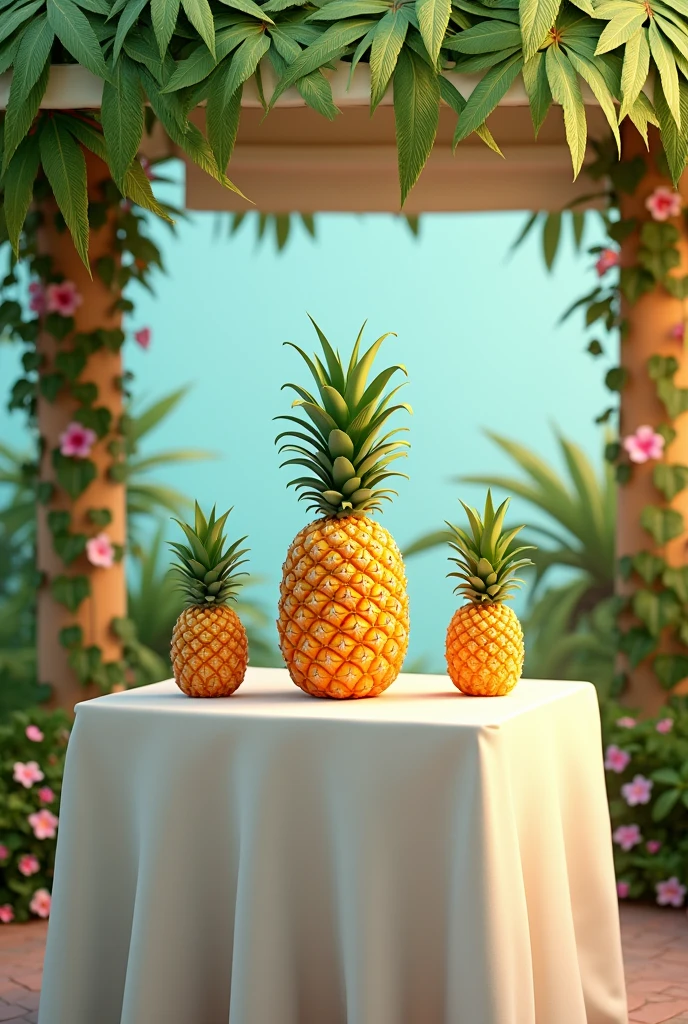 Spawn a Pineapple Wine Stan and on each side of the Pineapple Wine bottle have a pineapple, and that the table where it is placed is square with a white tablecloth that has a kind of awning with palm leaves on top and on the tubes that support the awning have vines with flowers