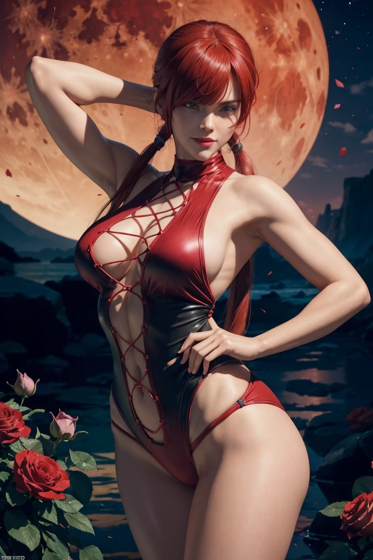 KOF,King of Fighters,Shermie,Red hair,long hair,Long hair tied in a ponytail,Hide your eyes with bangs,Beautiful white skin,Photorealistic,Ultra HD,high quality,masterpiece,Digital SLR,Detailed details,Intricate details,Anatomical basis,Depicted in detail,A detailed face,Realistic skin texture,Vivid details,Perfect Anatomy,Perfect Anatomy,Anatomically correct hand,Anatomically correct fingers,Super Detail,Complex 3D rendering,Sexy pose,Red swimsuit,Fantasy worldview,Beautiful red sea,Beautiful Red Moon,Beautiful night sky,Petals of roses dance,Picturesque,Pink Lips,smile,