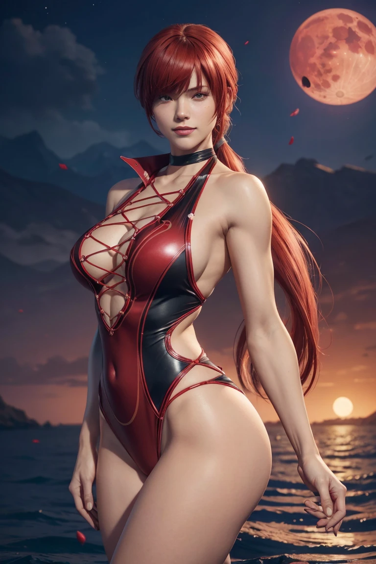 KOF,King of Fighters,Shermie,Red hair,long hair,Long hair tied in a ponytail,Hide your eyes with bangs,Beautiful white skin,Photorealistic,Ultra HD,high quality,masterpiece,Digital SLR,Detailed details,Intricate details,Anatomical basis,Depicted in detail,A detailed face,Realistic skin texture,Vivid details,Perfect Anatomy,Perfect Anatomy,Anatomically correct hand,Anatomically correct fingers,Super Detail,Complex 3D rendering,Sexy pose,Red swimsuit,Fantasy worldview,Beautiful red sea,Beautiful Red Moon,Beautiful night sky,Petals of roses dance,Picturesque,Pink Lips,smile,