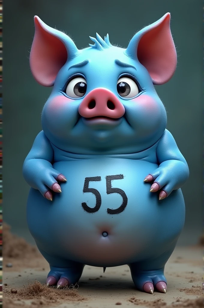 A blue pig with the number 55 on its belly looking scared