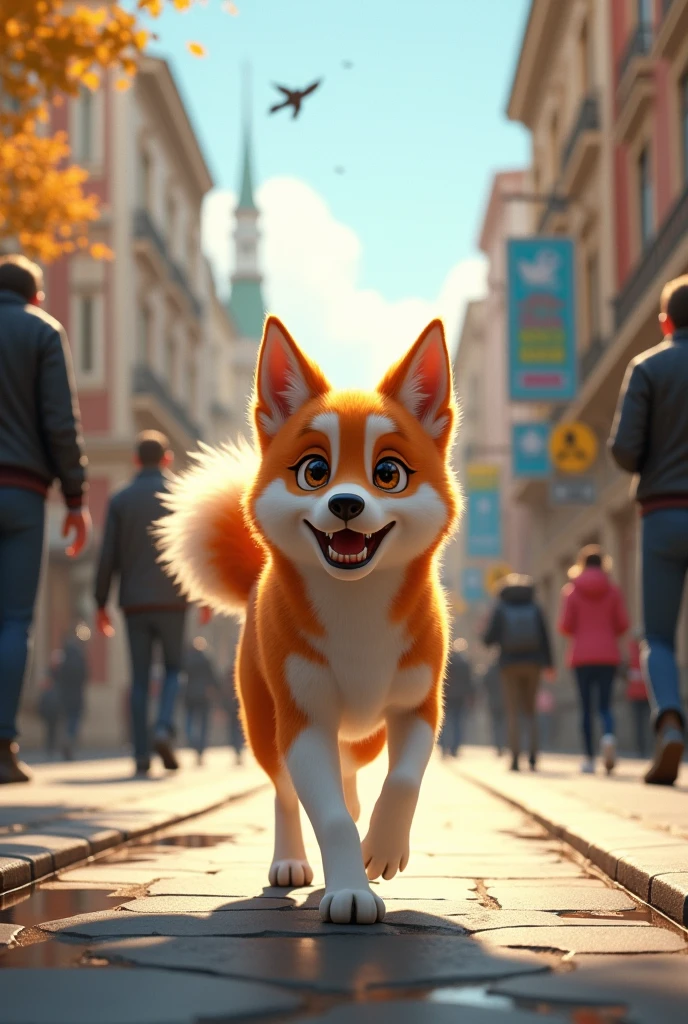 Create an animated image showing the dog Laika wandering around the street 
