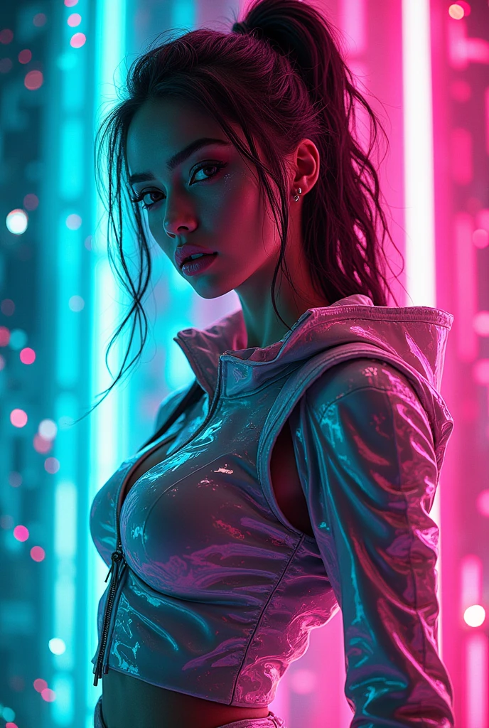 1 girl, full body, shot plane american, by Luc Besson Style: Sci-Fi Adventure Makeup: Bright, vibrant colors like neon blues, pinks, and greens. Use graphic designs and bold, futuristic shapes.