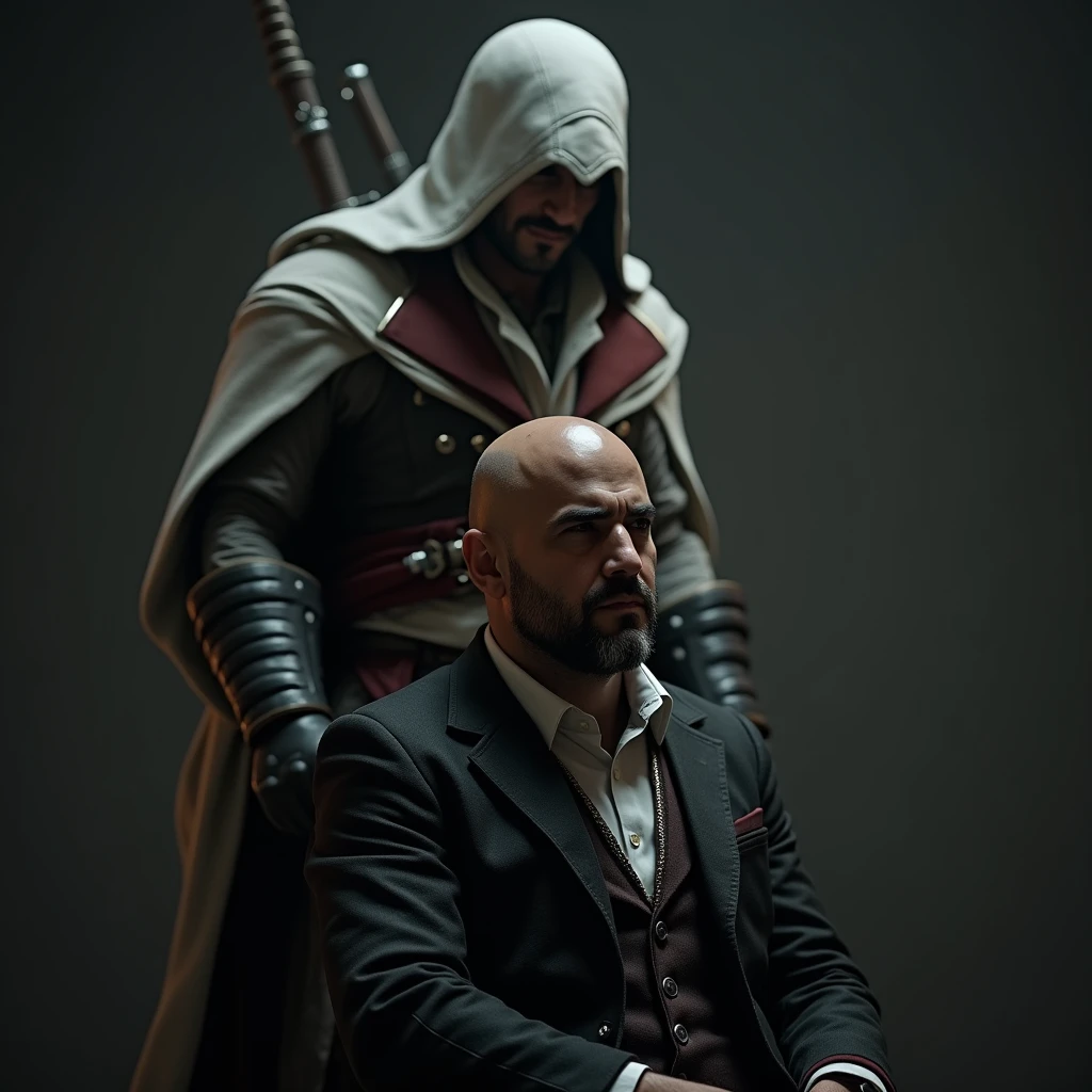 homme chauve asis avec un assassin's creed altair debout derriere lui avec sa lame secrete