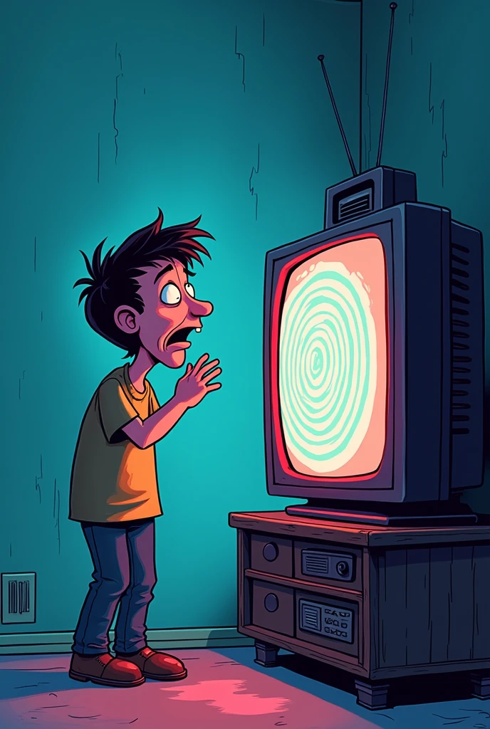 A cartoon of a person being manipulated and hypnotized while watching television on a screen with eyes in the shape of a spiral. In the image you can see the saturated screen without a signal and next to it the hypnotized person.