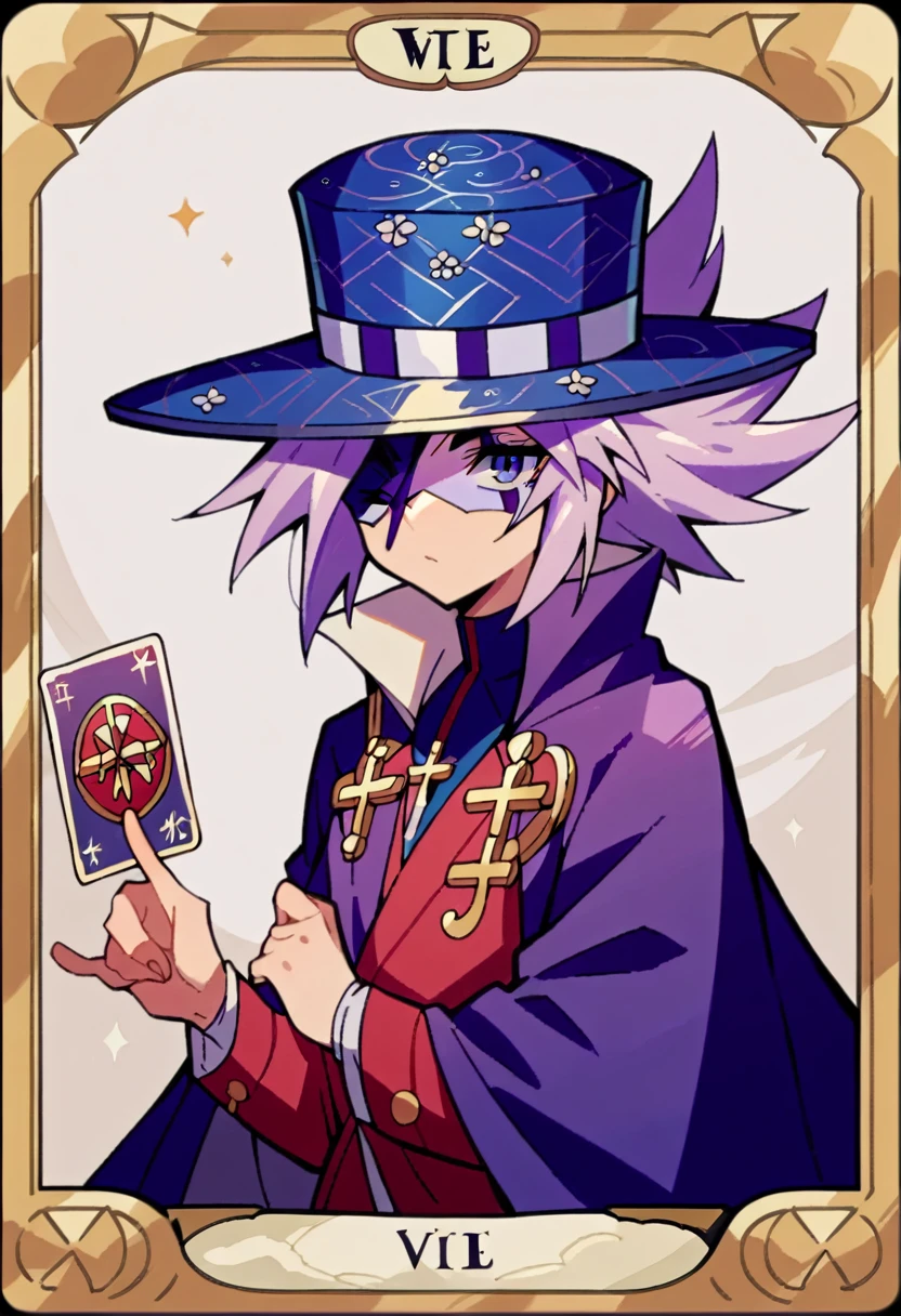 Highest quality,Masterpiece,Pro Art,8k,Based on anatomy,silk hat,Card Throwing,Light purple hair,Eye mask,Purple Cape,Japan animated style,