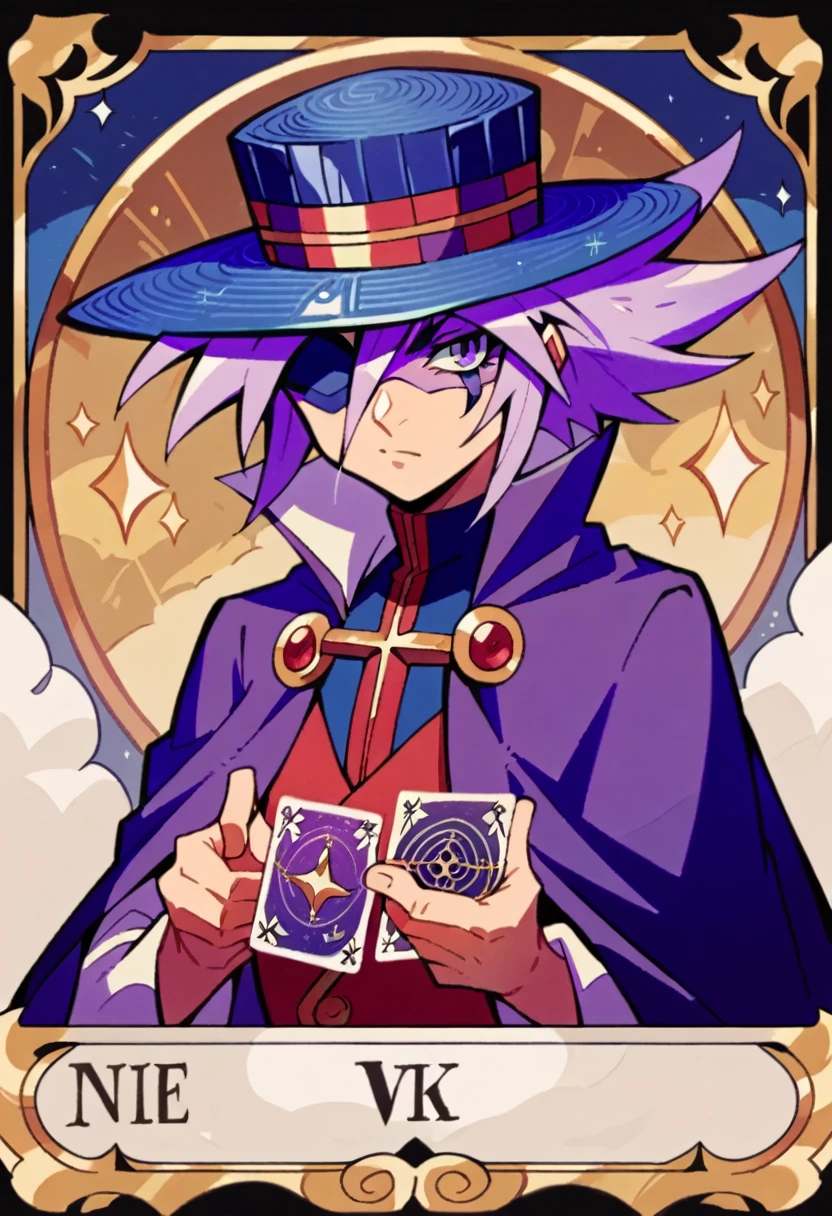 Highest quality,Masterpiece,Pro Art,8k,Based on anatomy,silk hat,Card Throwing,Light purple hair,Eye mask,Purple Cape,Japan animated style,