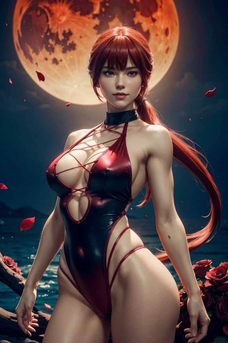 KOF,King of Fighters,Shermie,Red hair,long hair,Long hair tied in a ponytail,Hide your eyes with bangs,Beautiful white skin,Photorealistic,Ultra HD,high quality,masterpiece,Digital SLR,Detailed details,Intricate details,Anatomical basis,Depicted in detail,A detailed face,Realistic skin texture,Vivid details,Perfect Anatomy,Perfect Anatomy,Anatomically correct hand,Anatomically correct fingers,Super Detail,Complex 3D rendering,Sexy pose,Red swimsuit,Fantasy worldview,Beautiful red sea,Beautiful Red Moon,Beautiful night sky,Petals of roses dance,Picturesque,Pink Lips,smile,