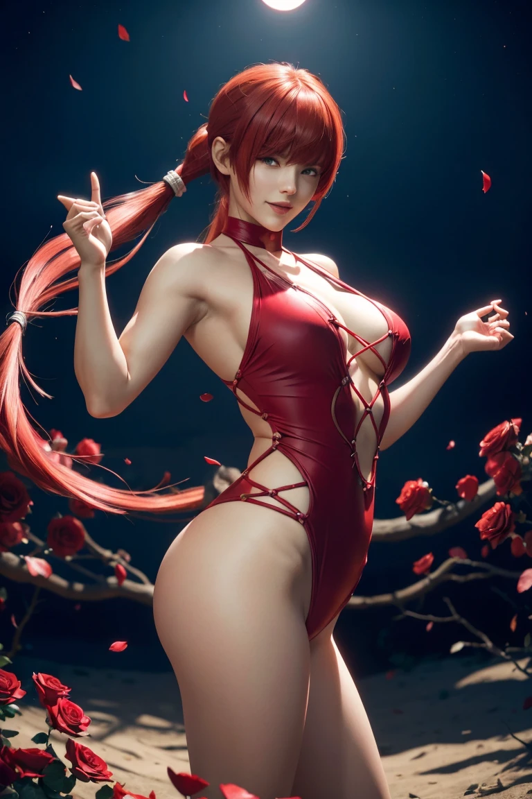 KOF,King of Fighters,Shermie,Red hair,long hair,Long hair tied in a ponytail,Hide your eyes with bangs,Beautiful white skin,Photorealistic,Ultra HD,high quality,masterpiece,Digital SLR,Detailed details,Intricate details,Anatomical basis,Depicted in detail,A detailed face,Realistic skin texture,Vivid details,Perfect Anatomy,Perfect Anatomy,Anatomically correct hand,Anatomically correct fingers,Super Detail,Complex 3D rendering,Sexy pose,Red swimsuit,Fantasy worldview,Beautiful red sea,Beautiful Red Moon,Beautiful night sky,Petals of roses dance,Picturesque,Pink Lips,smile,