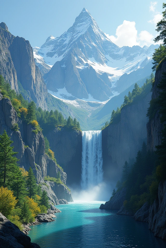Create a mountain landscape with a waterfall flowing into a lake to color