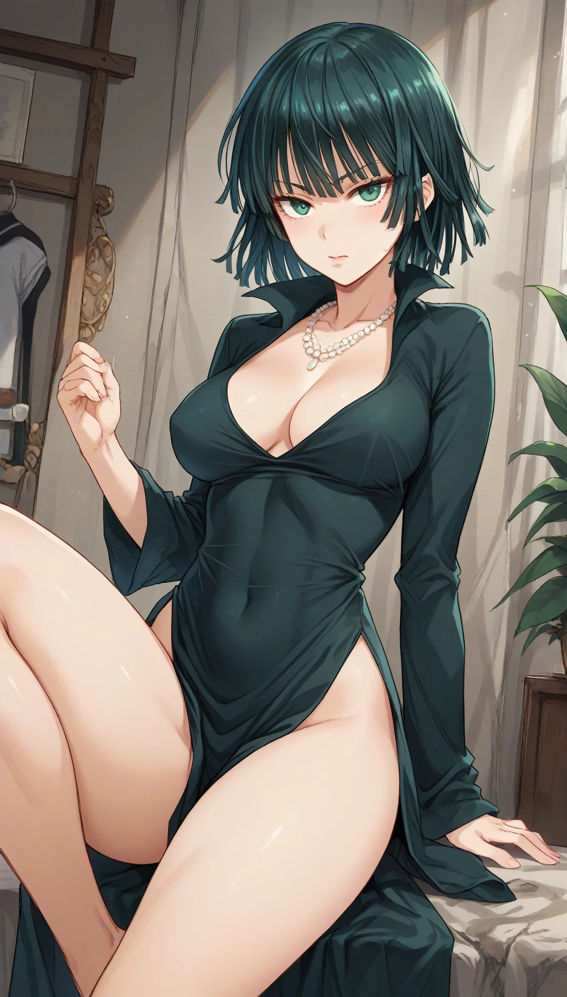 rating_explicit, fubuki from one punch man, black dress, cleavage, necklaces