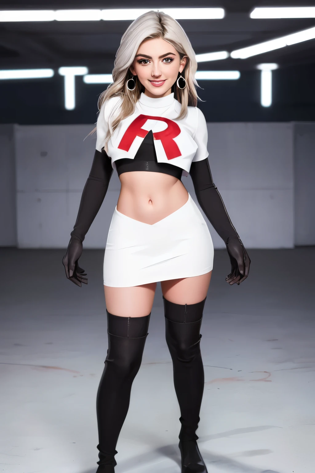 The face of Julia Michaels, 1girl, solo, team rocket,team rocket uniform,white skirt,red letter R,crop top,black thigh-highs,black elbow gloves, earrings, large breasts,
