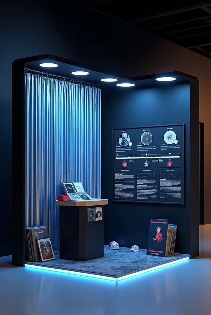 Create a stand in 3×3 format, with the walls all black, on one side a blue and silver metallic curtain with a row of CDs next to it, on the other side make a timeline about the sound and music and on the last wall leave it just black.
Make it in a simpler style, delicate but as if it were a teenager having done it and with all the information previously passed on
