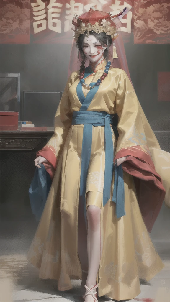 masterpiece, (masterpiece, front, Looking at the audience, frontを向いて, Highest quality, Highest quality, chinese hanfu, Gorgeous hat, red, red Costume, Paper Wedding Dress, alone, Are standing, whole body, beads, Veil, all, jewelry, Looking at the audience, necklace, Candles, 1 person, indoor, Hooded, Long sleeve, Blood, Broken Flowers, smile, dark, (red Chinese Clothing), skirt, Horror (theme), Black Hair, To the audience, Simple Background, Plain background)smile, blue eyes, 