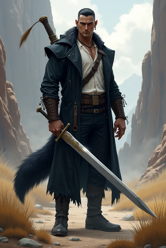 He is a tall indigenous man, 2 meters tall, with a square face and short dark hair and a beardless face with a smooth, clean-shaven face. His eyes are wolf-like and one of them is closed with pointy ears with earrings. He wears a dark black overcoat with a white shirt underneath and dark pants and has a strong physique and a large wolf tail. A large sword is strapped to his back. I would like the art in a fantasy RPG style. In the Wild West