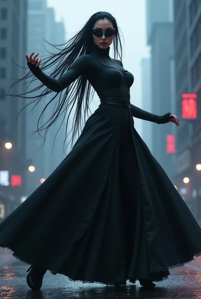 matrix trinity,kung fu,(masterpiece, Best Quality, High resolution, 32K HDR)), (Perfect portrait of trinity00:1.15), (black body suit:1.1, realistic Trinity sunglasses:1.1), Ultra detailed eyes, hyper derailed face, Detailed mouth, Detailed skin texture, (Atmospheric lighting), Shot with Aricum LT camera, ( on the highway:1.1, Huge breasts:1.15),