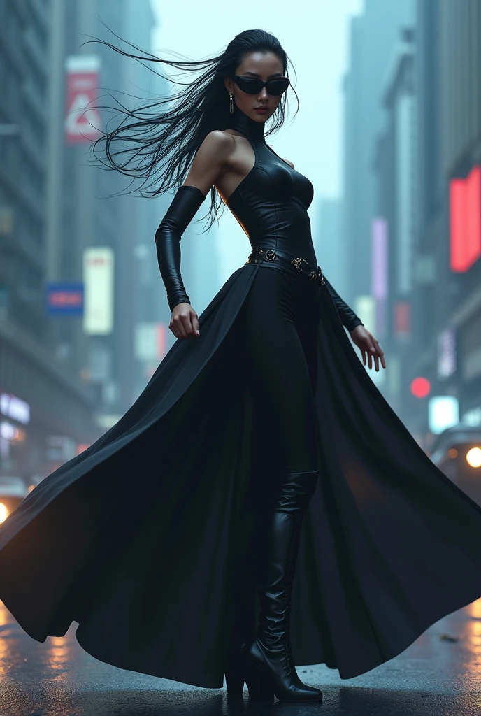 matrix trinity,kung fu,(masterpiece, Best Quality, High resolution, 32K HDR)), (Perfect portrait of trinity00:1.15), (black body suit:1.1, realistic Trinity sunglasses:1.1), Ultra detailed eyes, hyper derailed face, Detailed mouth, Detailed skin texture, (Atmospheric lighting), Shot with Aricum LT camera, ( on the highway:1.1, Huge breasts:1.15),