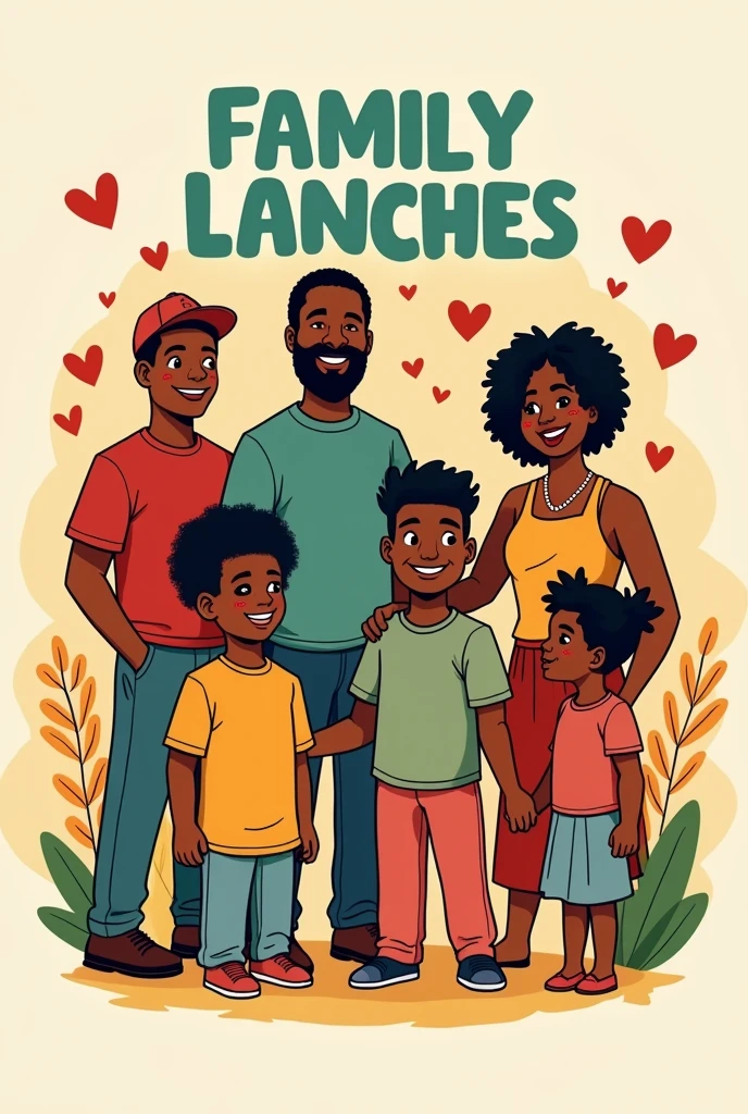 Create a logo for a snack bar with 6 black employees, 4 of whom are men, one man is a pastor and the other two are teenagers from the church and two women, one of the women is a and the other woman is the mother and has to wear a skirt, put the name Family Lanches right in the middle to make it stand out