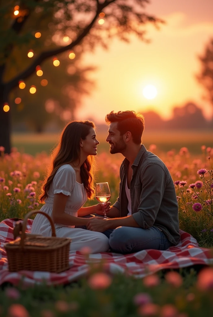 Let&#39;s create a romantic portrait of a couple in a special moment! Here are some details to inspire your creation:

Scenario: A sunset picnic in a flower field. The sky is tinged with orange and pink, and there is a plaid blanket spread out on the floor with a picnic basket next to it.
couple: A couple sitting on the blanket, looking at each other with tender smiles. They might be holding hands or sharing a glass of wine..
detaileds: Add details like flowers around, a light breeze that makes the couple&#39;s hair sway, and maybe some fairy lights hanging from the nearby trees for a magical touch.
You can use tools like Canva or Pixlr to create this image.