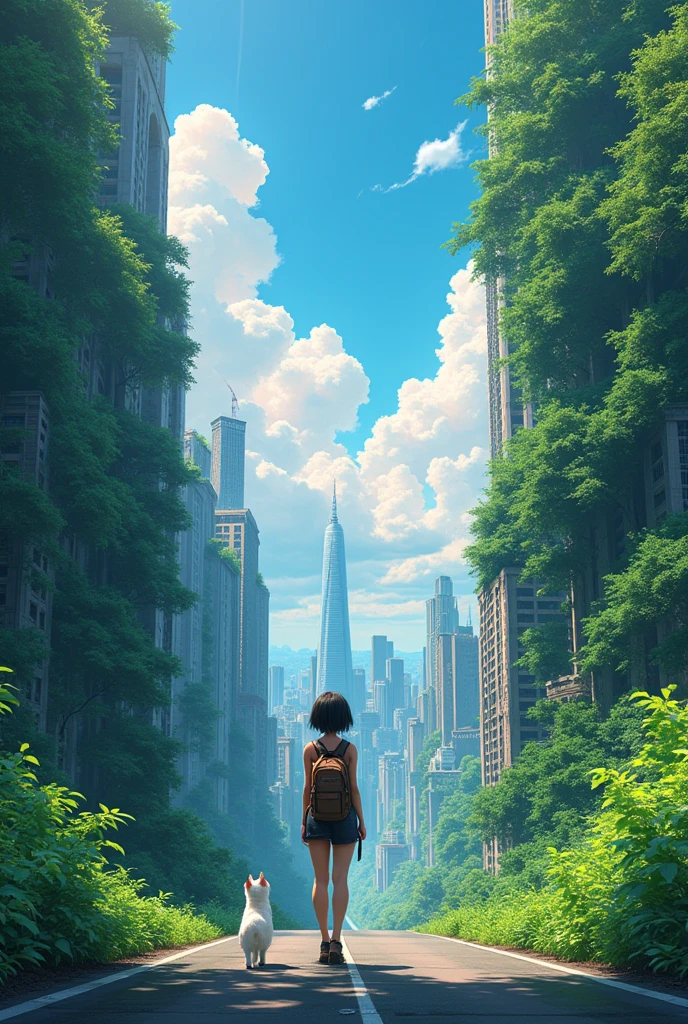 8k、RAW Photos、Highest quality、look up:1.2、masterpiece:1.2、Genuineistic、Ultra-high resolution、High Contrast、Photon Mapping、Genuine、Very detailed、Official Art, RAW Photos、professional Lighting、 Light、Vivid atmosphere、twiceLight) This anime scene、While carrying the atmosphere of Makoto Shinkai's work,、Expressing a post-apocalyptic world view。A pretty woman in her twenties carrying a backpack and looking at the city skyline from the forest、Evoking moving scenes like those of Makoto Shinkai&#39;Work of.。 High-rise buildings in the city are covered with trees from the walls and windows々Jump out、Buildings are covered with lush jungle.、It depicts a futuristic landscape where nature and the city are fused.。A city bathed in bright sunlighuggests a bright and hopeful future.。Pink Clouds、Wet road after the rain、 A beautiful woman in her twenties about to enter a building in the city、It symbolizes young people trying to leap into society.。and、A pure white cat beside me、As a familiar presence、Observing a beautiful woman in her 20s&#39;A journey。 This scene、It depicts a unique post-apocalyptic anime world.。

