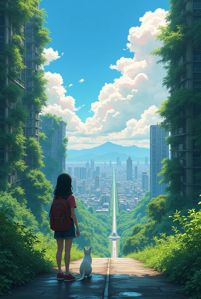 8k、RAW Photos、Highest quality、look up:1.2、masterpiece:1.2、Genuineistic、Ultra-high resolution、High Contrast、Photon Mapping、Genuine、Very detailed、Official Art, RAW Photos、professional Lighting、 Light、Vivid atmosphere、twiceLight) This anime scene、While carrying the atmosphere of Makoto Shinkai's work,、Expressing a post-apocalyptic world view。A pretty woman in her twenties carrying a backpack and looking at the city skyline from the forest、Evoking moving scenes like those of Makoto Shinkai'Work of.。 High-rise buildings in the city are covered with trees from the walls and windows々Jump out、Buildings are covered with lush jungle.、It depicts a futuristic landscape where nature and the city are fused.。A city bathed in bright sunlighuggests a bright and hopeful future.。Pink Clouds、Wet road after the rain、 A beautiful woman in her twenties about to enter a building in the city、It symbolizes young people trying to leap into society.。and、A pure white cat beside me、As a familiar presence、Observing a beautiful woman in her 20s'A journey。 This scene、It depicts a unique post-apocalyptic anime world.。