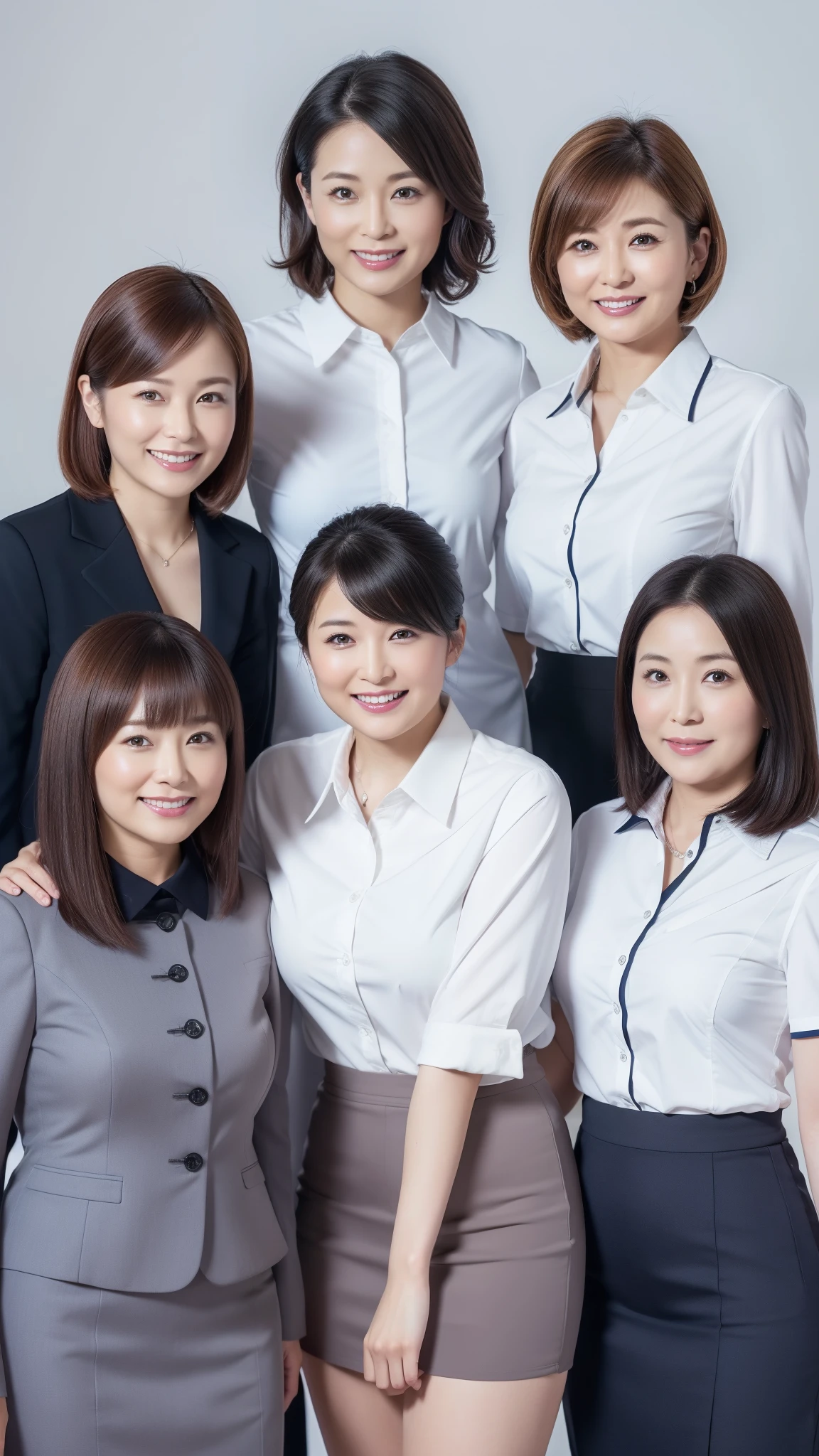((highest quality, 8k, Representative works in detail, ultra high resolution)), (group photo),Japanese、 (looking at the viewer), (middle shot:), Five attractive businesswomen,5 women,Young and mature office ladies、 a little chubby:0.25, white short sleeve collared shirt, gray tight skirt, mini skirt、Very short skirt、 smile, office、