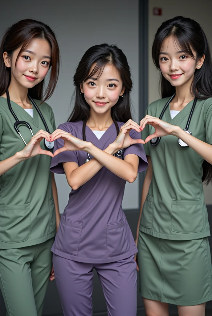 photograph, cowboy shot, three women with hands together making heart shape, smiling beautiful Japanese female nurses wearing nurse uniform, hourglass figure, beautiful detailed face, black hair, pale skin, fair skin, realistic skin, detailed cloth texture, detailed hair texture, Perfect proportion, Anatomically correct, Highly detailed face and skin texture, private modern hospital room, looking at viewer, asian face , perfect anatomy, realistic