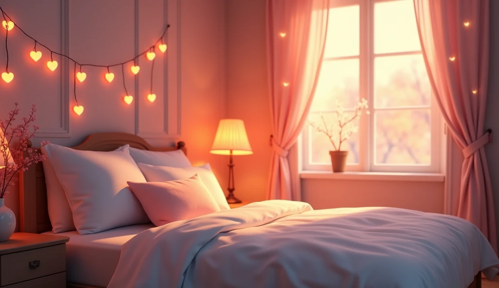 Background image, bed with white sheets, table lamp, heat fairy lights, warm soft light, no people, indoors, heart effects, 2.5D, delicate and dynamic, graphic CG digital art