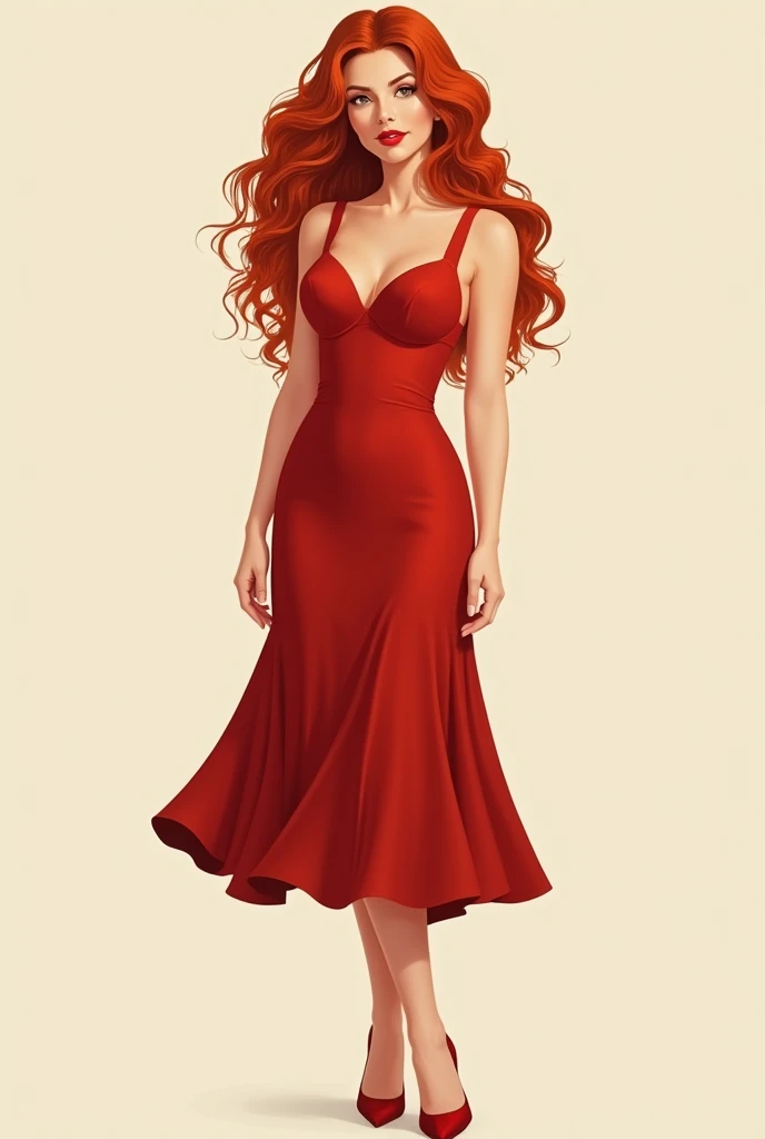 Full-length illustration of a woman with long, curly red hair wearing a closed, knee-length red dress