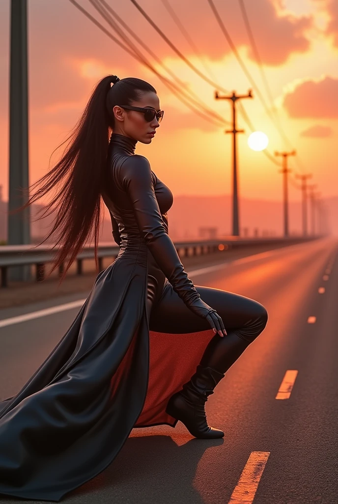 matrix trinity,kung fu,(masterpiece, Best Quality, High resolution, 32K HDR)), (Perfect portrait of trinity00:1.15), (black body suit:1.1, realistic Trinity sunglasses:1.1), Ultra detailed eyes, hyper derailed face, Detailed mouth, Detailed skin texture, (Atmospheric lighting), Shot with Aricum LT camera, ( on the highway:1.1, Huge breasts:1.15),