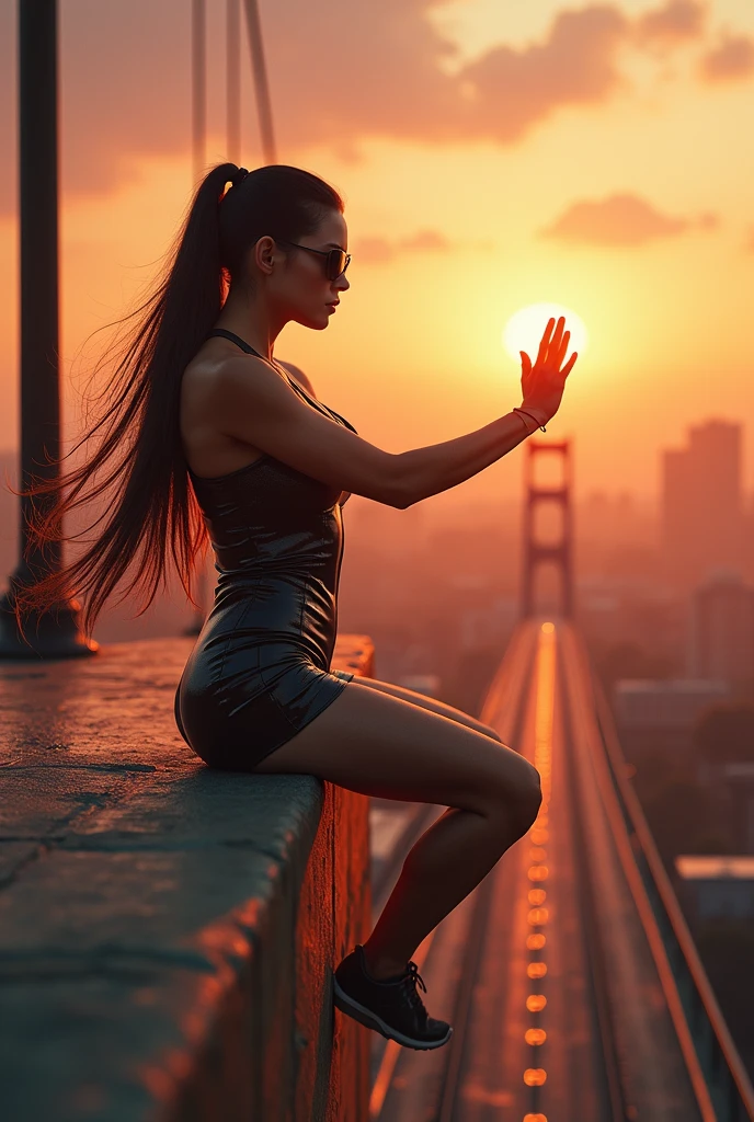 matrix trinity,kung fu,(masterpiece, Best Quality, High resolution, 32K HDR)), (Perfect portrait of trinity00:1.15), (black body suit:1.1, realistic Trinity sunglasses:1.1), Ultra detailed eyes, hyper derailed face, Detailed mouth, Detailed skin texture, (Atmospheric lighting), Shot with Aricum LT camera, ( on the highway:1.1, Huge breasts:1.15),
