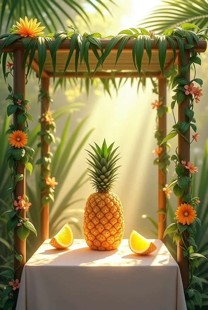 Spawn a Pineapple Wine Stan and on each side of the Pineapple Wine bottle have a pineapple, and that the table where it is placed is square with a white tablecloth with a kind of awning on the top of the table that has the top decorated with palm leaves and on the tubes that support the awning have vines with flowers