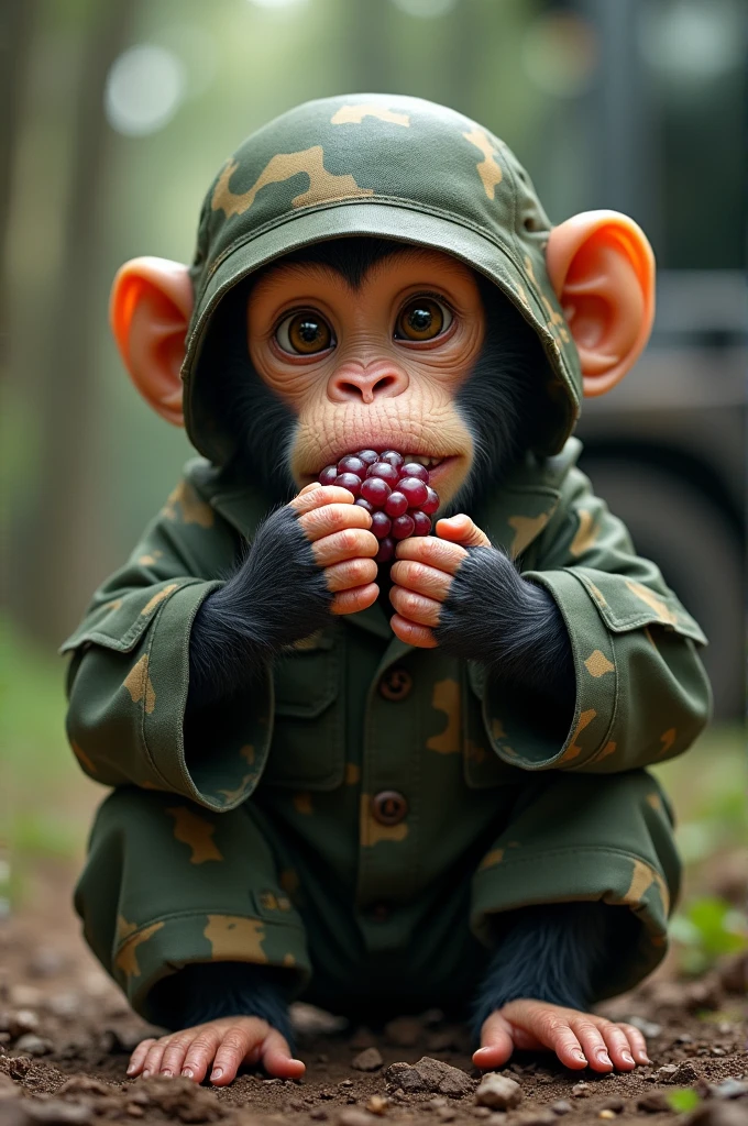 Monkey eating a grape in army uniform