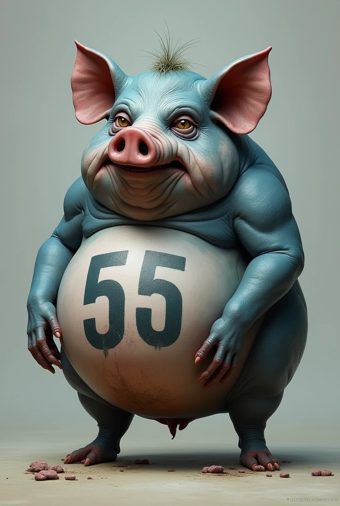 An ugly old blue pig with the number 55 on its belly 