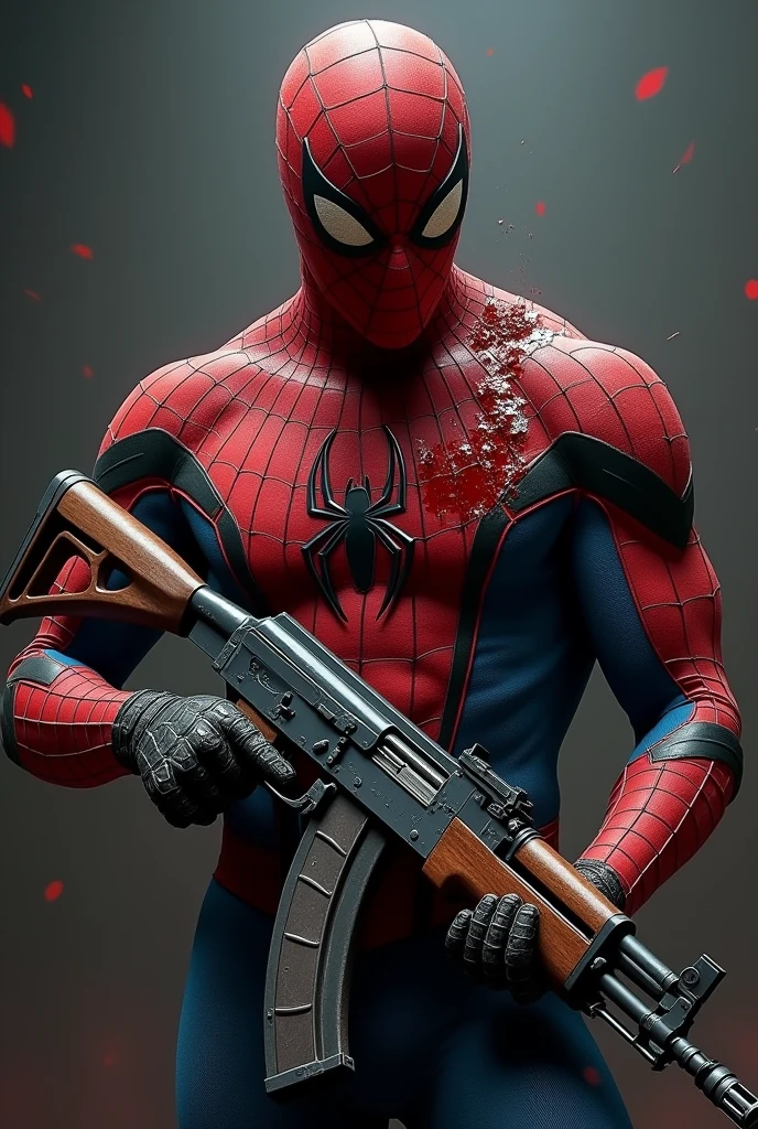 A picture of Spiderman holding an AK 47 in his hand and with Blood Strike on his chest