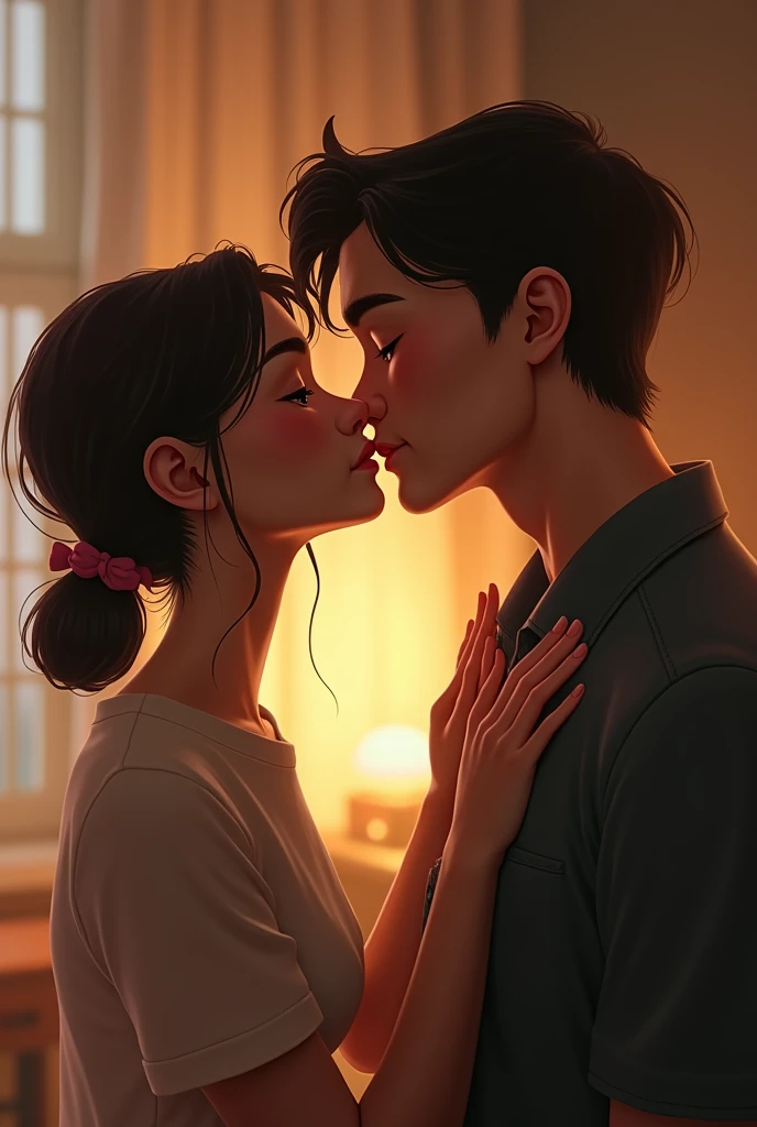 Make a short girl kissing a picture of a white guy with a turned up nose