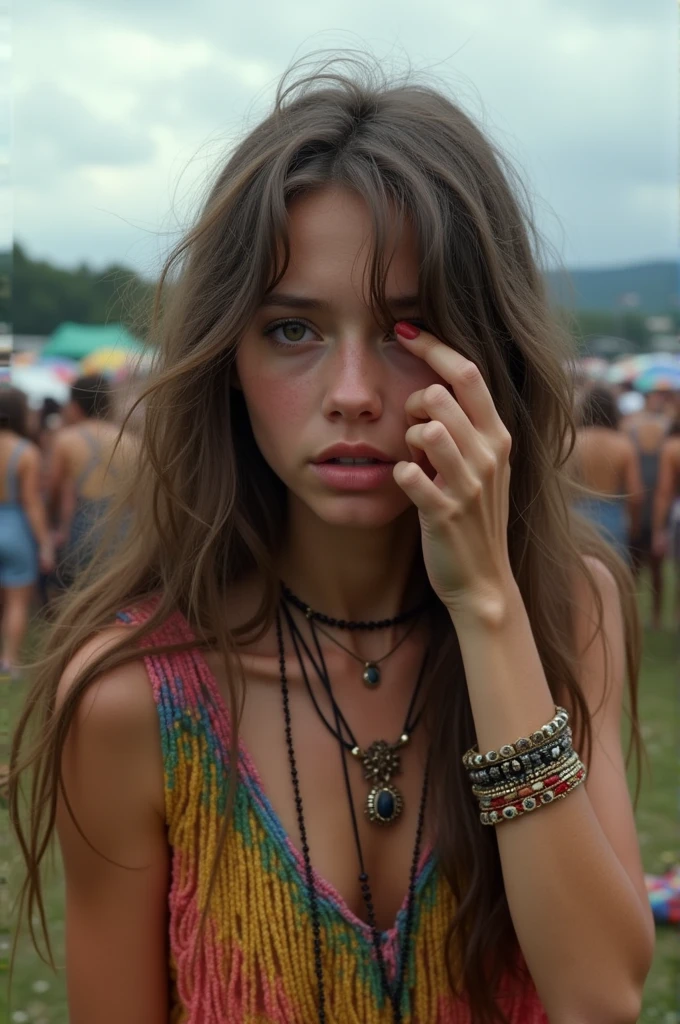 A short hippie girl crying at Woodstock 