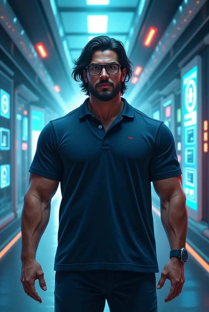 A front animation of a strong brown Brazilian man aged 29 with medium length black straight hair wearing glasses, weighing around 89 kg in a technology scenario,