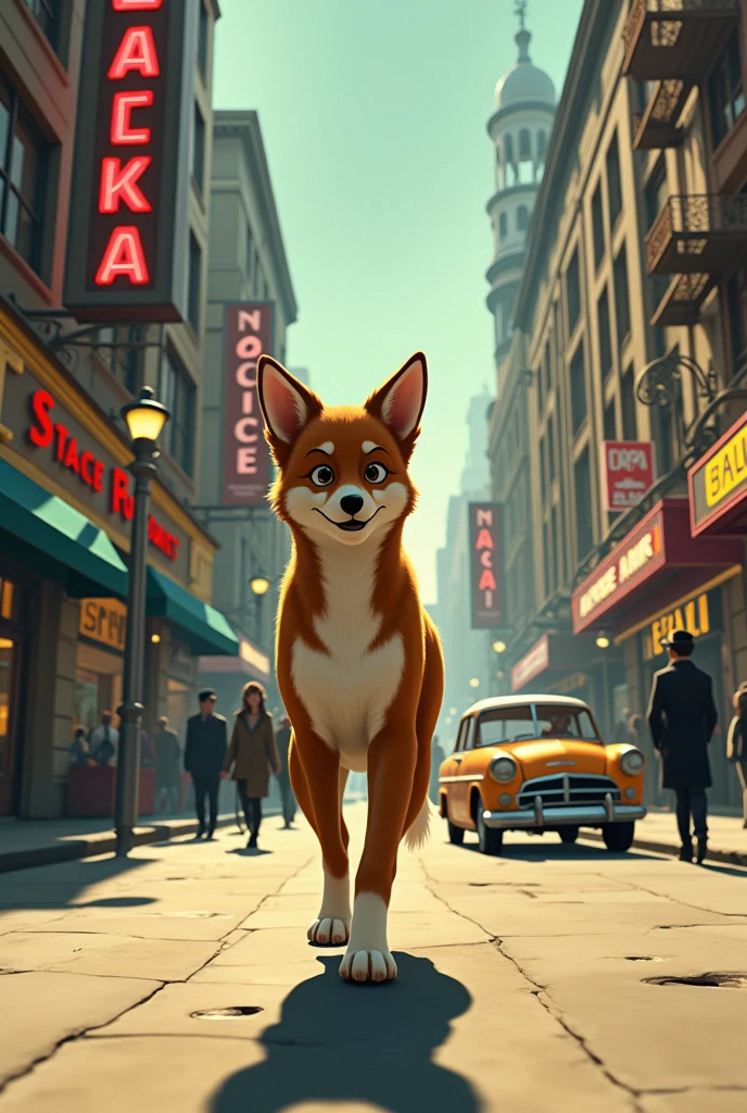 Create an animated image where you can see the dog Laika wandering in the street. I want the image to look like it&#39;s from another era, like in the year 1957.