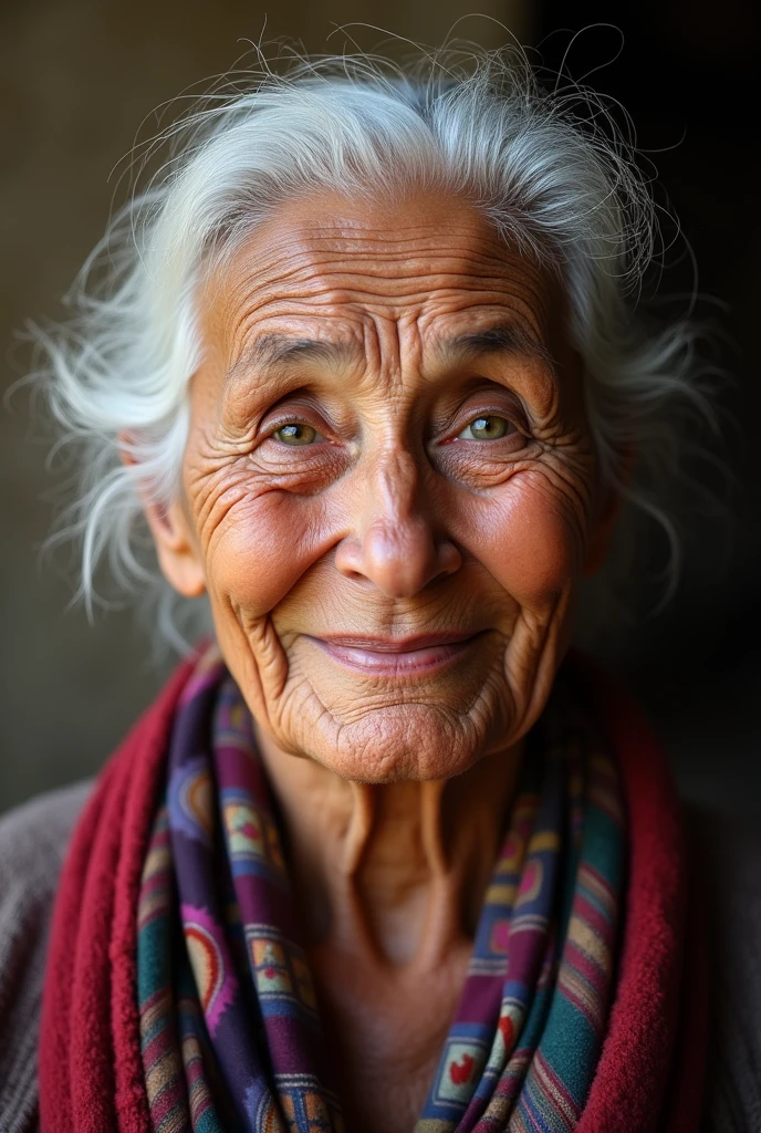 I want a happy grandmother in Human with the skin of a real person who is a little Andean, who is more real