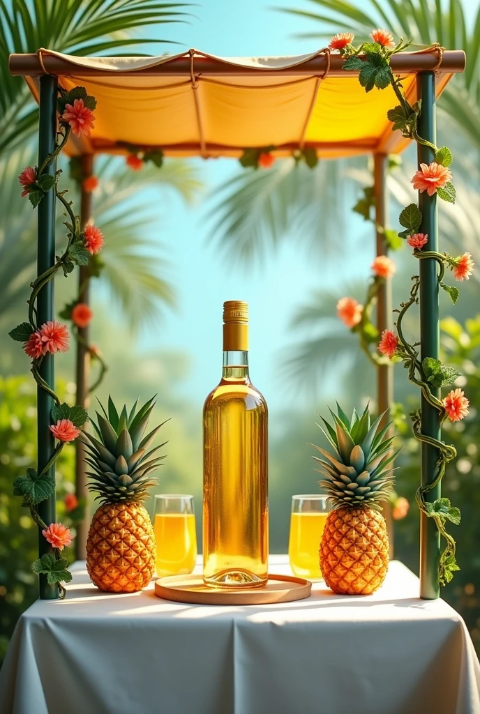Spawn a Pineapple Wine Stan and on each side of the Pineapple Wine bottle have a pineapple, and that the table where it is placed is square with a white tablecloth with a kind of awning on the top of the table that has the top decorated with palm leaves and on the tubes that support the awning have vines with flowers