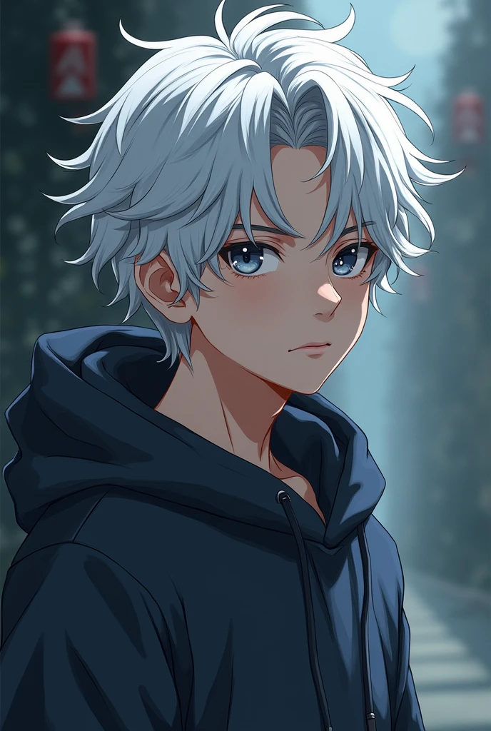 Anime guy with white hair and a hoodie
