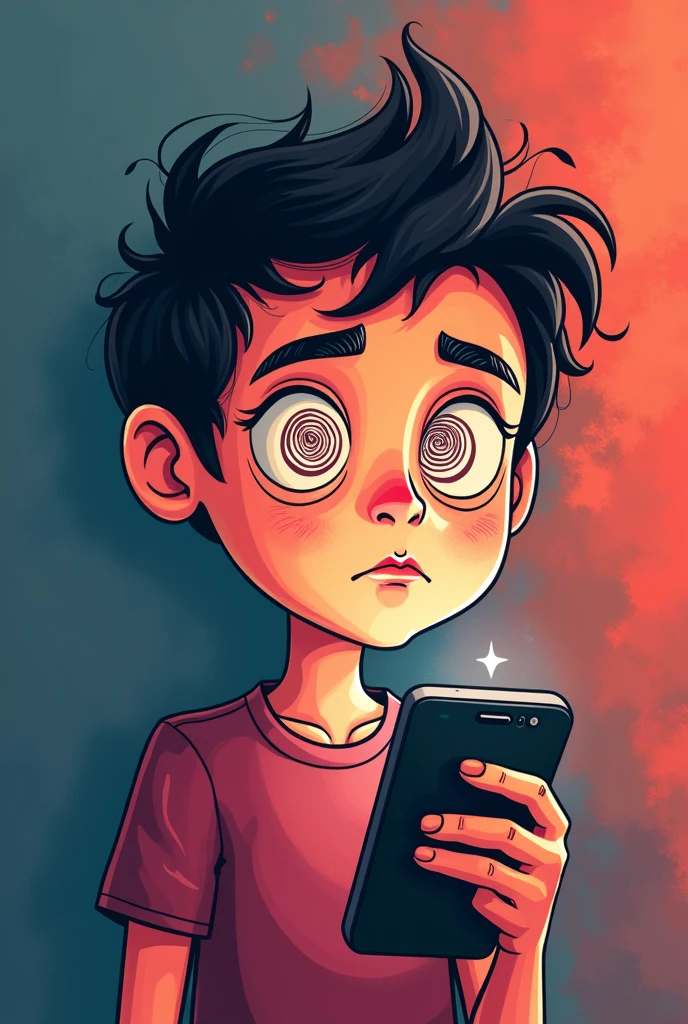 A cartoon of a person being manipulated and hypnotized while looking at his cell phone with his eyes in the shape of a spiral. In the image you can see the saturated screen without a signal and next to it the hypnotized person. 
