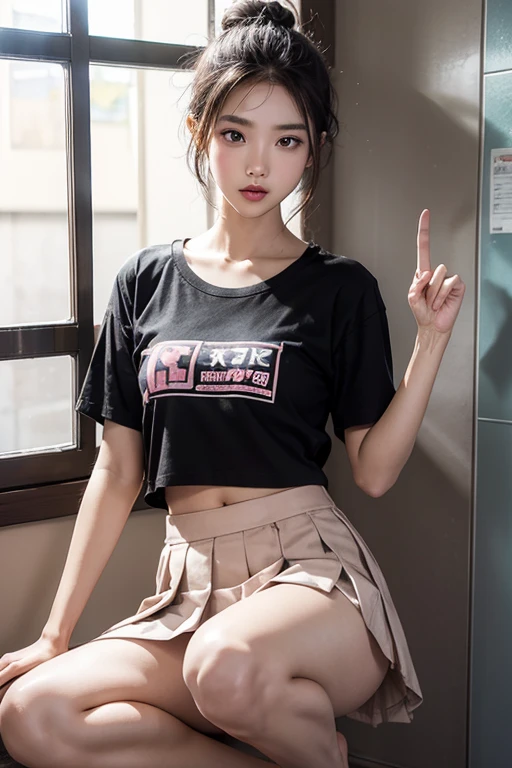Korean girl
,Wear glasses
,school shirt
,White pleated short skirt
,short skirt
,Black messy bun
,brown eyes
,small waist
,See the thighs and navel
,In a narrow public restroom
,Barefoot
,I'm sweating a lot.
,Open your mouth wide
,shy
,Squint
,Both eyebrows are raised.
,Thin eyebrows, not too dark
,High nose
,Medium bust
,Wet legs
,Don't be a jerk.
,big ass,small,
,Eyes sparkling brightly
,pink mouth,Pose with two fingers raised